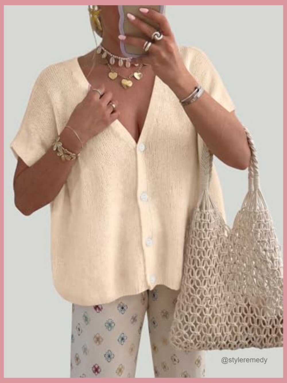 Oversized Cardigan - Batwing Short Sleeve Lightweight Button V Neck Casual Knit - Picture 3 of 7